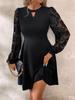 2025 Elegantní černé krajkové patchwork šaty s lucernovými rukávy - Evropský a americký styl