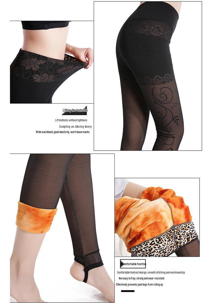 Damskie legginsy z wysokim stanem, z nadrukiem, siateczkowe, podszyte welurem, z stopkami – Odporne na zaciągnięcia, Ciepła zimowa warstwa bazowa