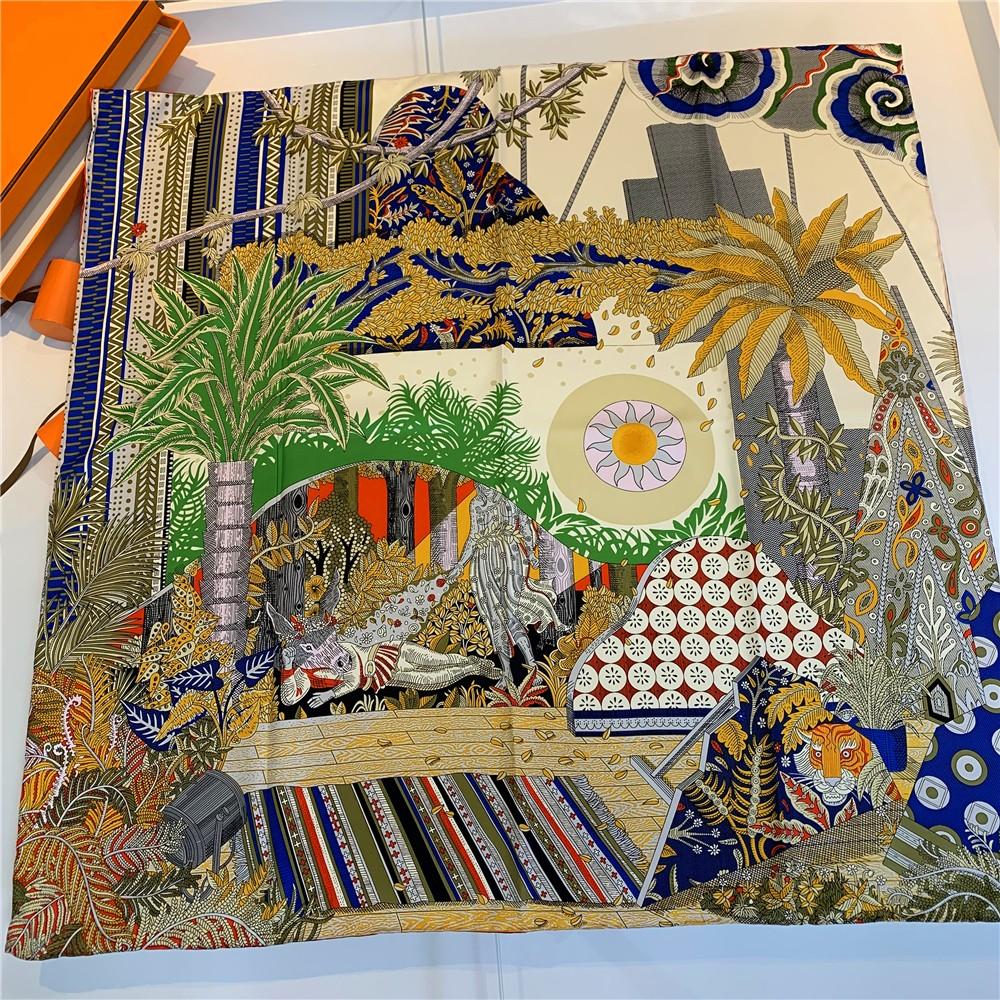 90Cm Women Scarf Summer Night Forest Twill Silk Scarf Handmade Curled Square Scarves Hijab Ladies Foulard Headband Bandana