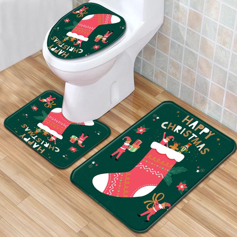 Christmas Toilet Three-Piece Floor Mat Bathroom Three-Piece Carpet Doormat