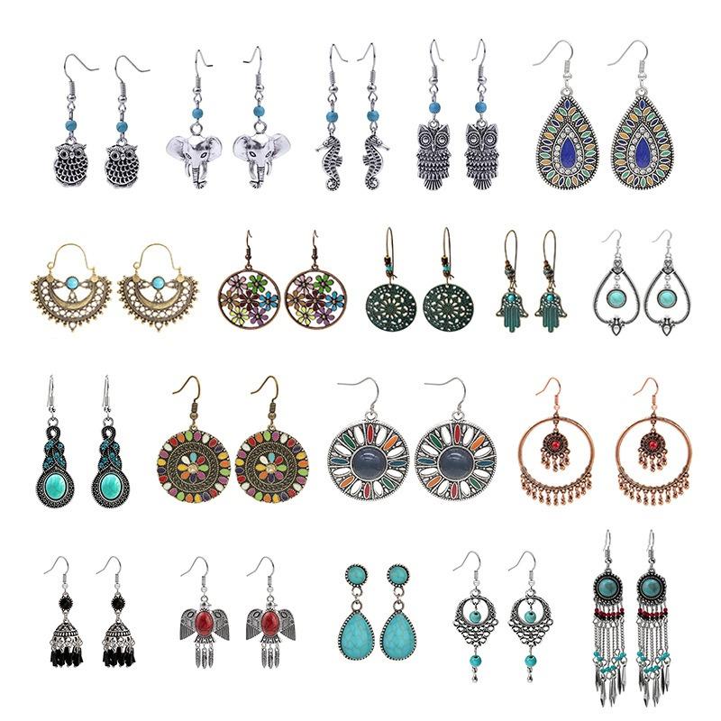 Turquoise Earrings, Vintage Owl Geometric Dream Catcher Feather Fringed Earrings Female