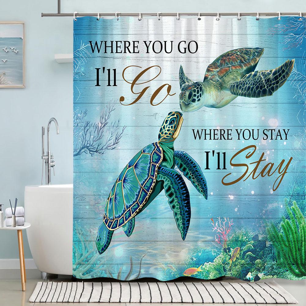 Turtle Shower Curtain Summer Beach Anchor Nautical Starfish Watercolour Art Creative Polyester Shower Curtains Bathroom Decor