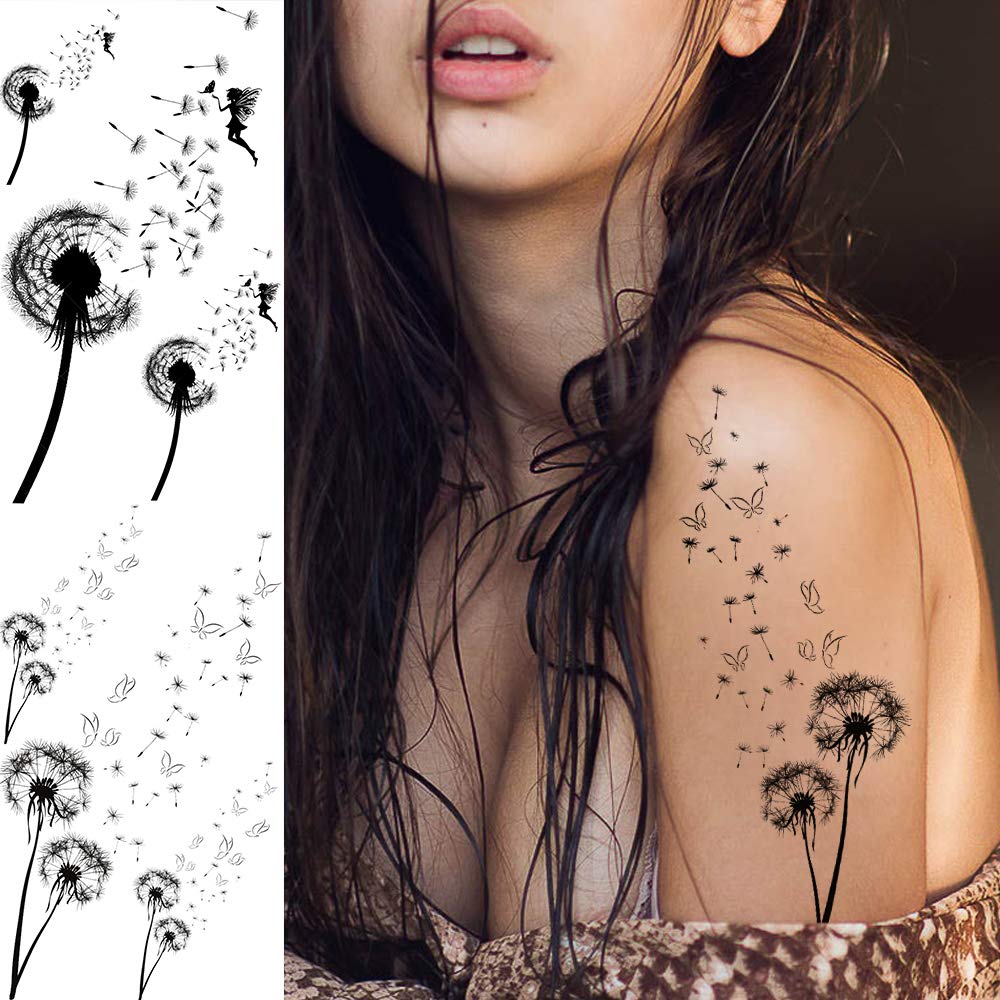 13 Sheets Black Dandelion Temporary Tattoos For Women Men Realistic Tattoos Sticker Fake Flying Birds Butterfly Flower Tatoos Paper Decoration