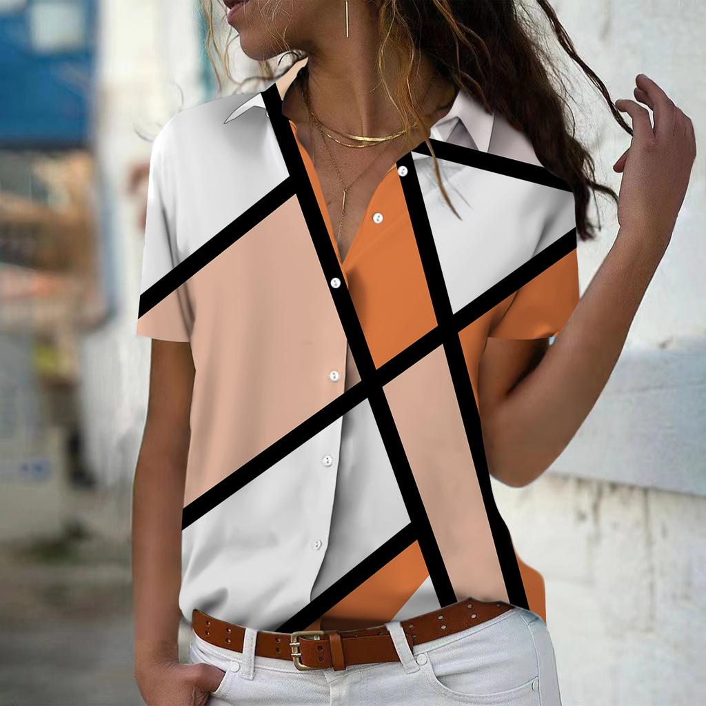 2025 Summer New Fashion Women's Geometry Printed Short Sleeve V-neck Casual Button-down Shirt Top