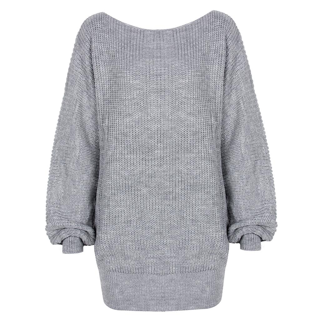 Autumn and Winter Women's Long Sleeve One-Line Neck Casual Loose Knitted Sweater Dresses
