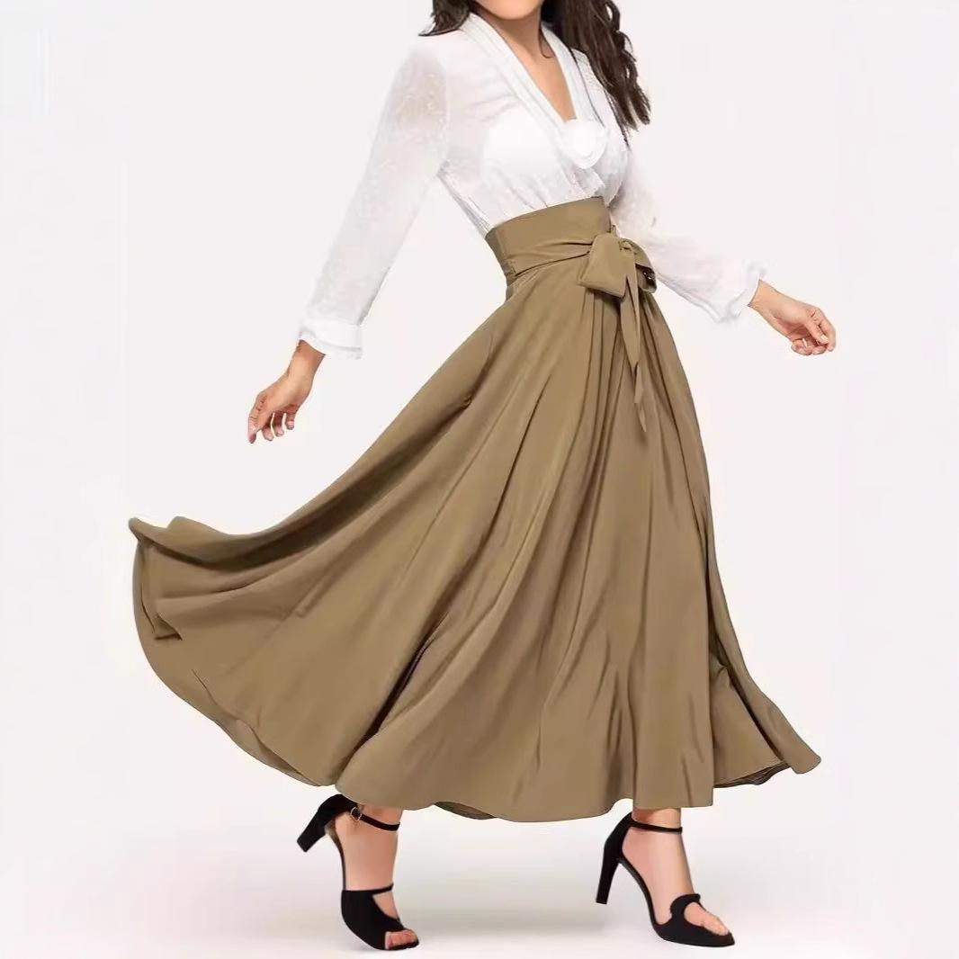 

Spring-Summer High-Waist Lace-Up A-Line Skirt for Women XXL хакі