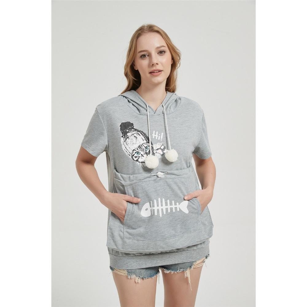 Women's summer short-sleeved large pocket cartoon printed casual drawstring hooded T-shirt