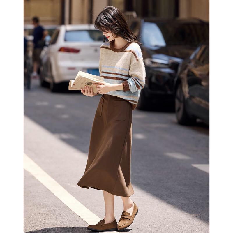 Elegant Striped Patchwork Sweater & Skirt Set