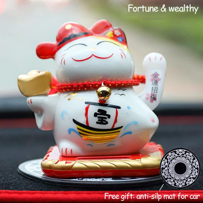 Gatto Fortunato Ceramica Alimentato a Energia Solare Maneki Neko Braccio Ondulante Gatto che Invita la Fortuna con Tappetino Auto Decorazione Scrivania Fascino Regalo