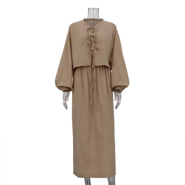 Retro European & American Women's Lace-Up Shirt and Skirt Set - Long-Sleeve Casual Suit, 2025 Summer Collection