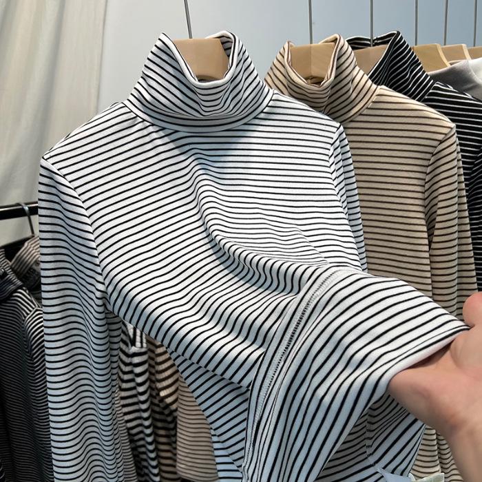 Double-Sided Velvet Striped Base Layer, Half-High Collar, Slim Korean Style Long-Sleeve Top for Women.