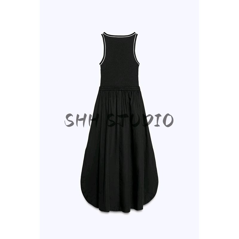 Spring New Women's Clothing European and American Leisure Color Contrast Patchwork Sleeveless Round Neck Midi Skirt Dress 8372046