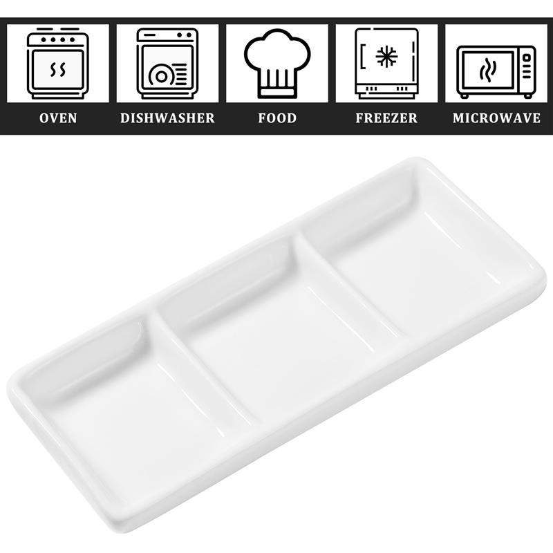 2pcs 6 Inch Pure White Ceramic 3-Compartment Appetizer Serving Tray Rectangular Divided Sauce Dishes for Spice Dish Soy Sauce