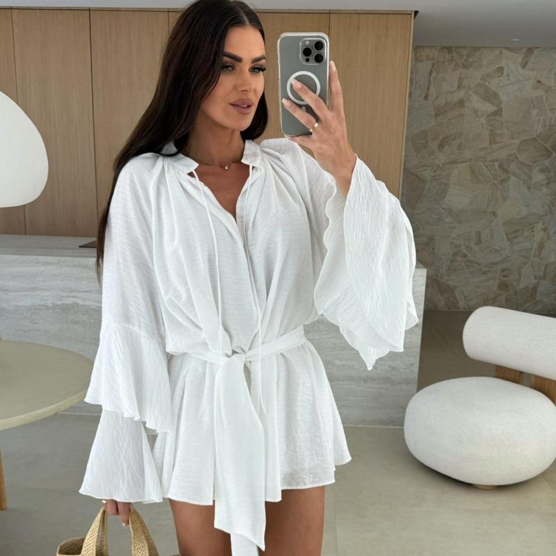 JKASHDK Women's Fashion Spring Fall Solid Color Print Long Sleeve V-Neckk High Waist Casual Dresses