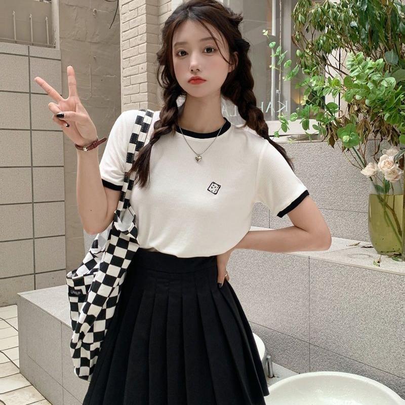 WTEMPO Branded Summer Women's Fashion Trend Clashing Trim Embroidered Short Sleeve T-shirt with Design Niche Round Neck Elasticated Tops