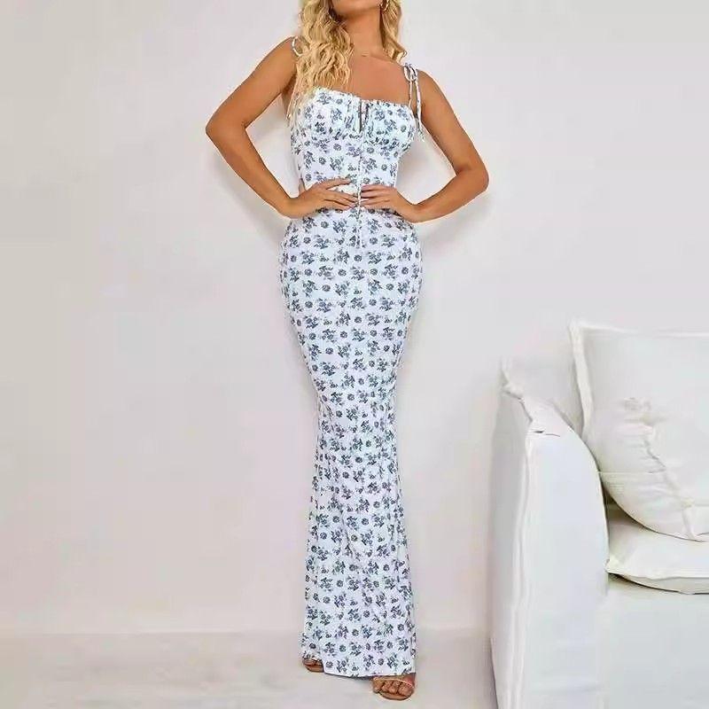 Export Pure Desire Exquisite Print Spaghetti Straps Slimming Adult Lady Like Woman Fishtail Stylish Fashion Sexy Banquet Tied Dress