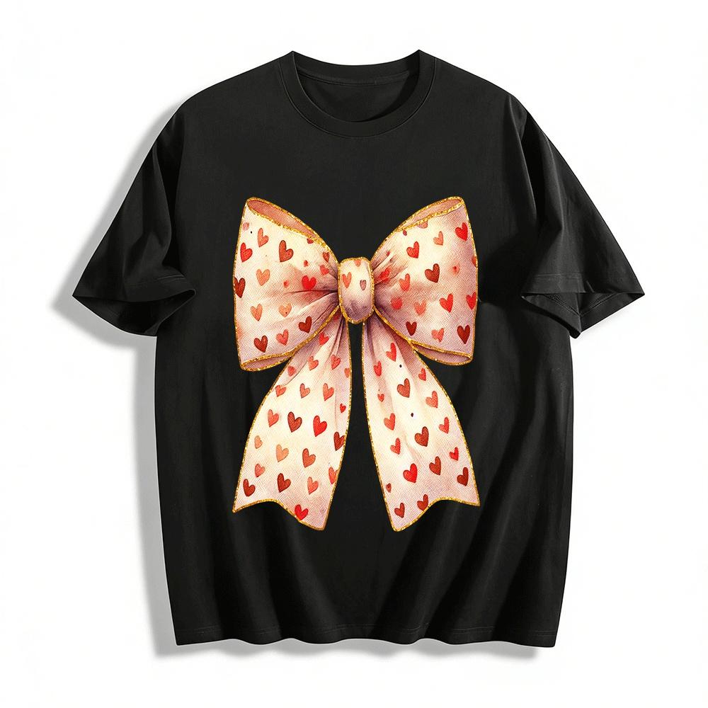 Heart Print Gold Trim Bow Pattern Casual Daily Versatile Top Pure cotton T-shirt XXS