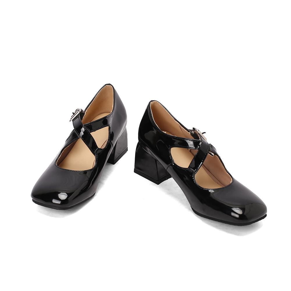 White Women Pumps Square Toe Non-slip Buckle Strap High Block Heel Plus size 45 48