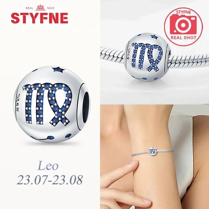 Zircone Blu Elegante Dodici Simboli Zodiacali Gemelli Leone Bilancia Perla in Rame Autentico Adatta a Braccialetti da Donna Fai da Te Regali Accessorio