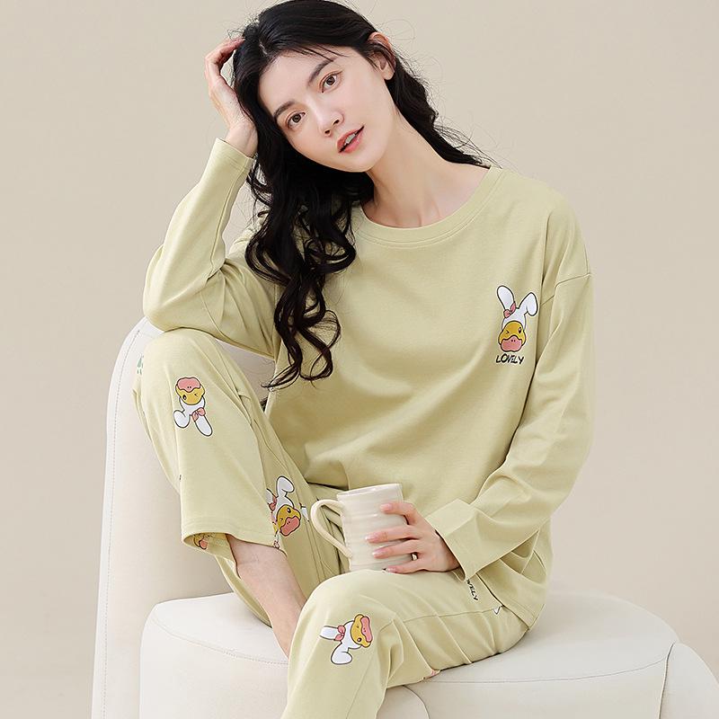 Aifen Teng Women's Pajamas Set: Pure Cotton, Long Sleeve, Long Pants, Casual Home Wear, Suitable for Spring, Autumn, and Winter.