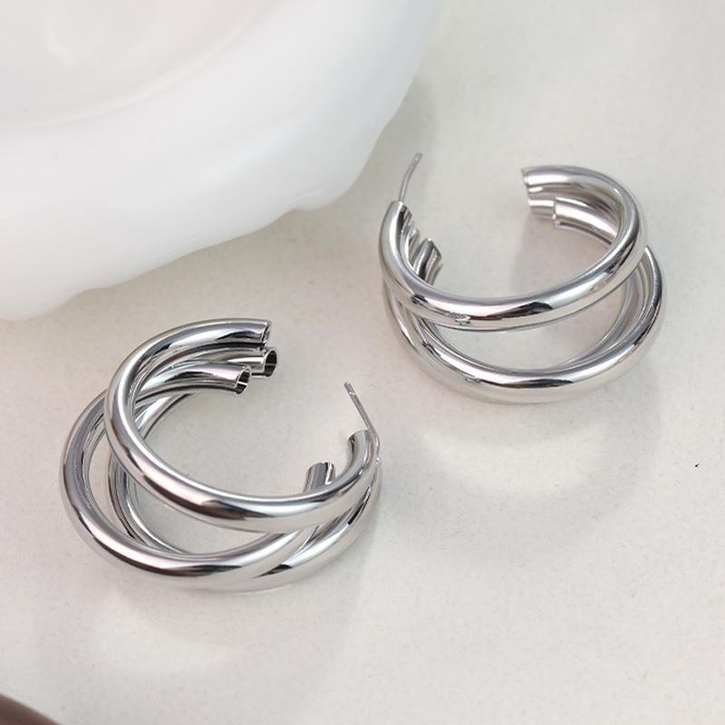 Simple Metal C Shape Dangle Earrings for Women Trendy Retro Three Layer Personality Geometry Drop Earrings Round Circle Zircon