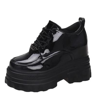 Mode Frauen Lackleder Plateau Stiefeletten 10CM Keilabsatz Damen Herbst Chunky Sneakers Pumps Frau Schnürung Dicke schwarze Stiefel