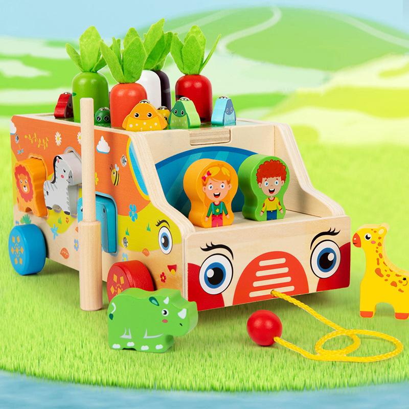 Seven-In-One Multi-Functional Pairing Car Children'S Educational Early Education Catch Insects And Pull Radishes Animal Pairing Wooden Toys