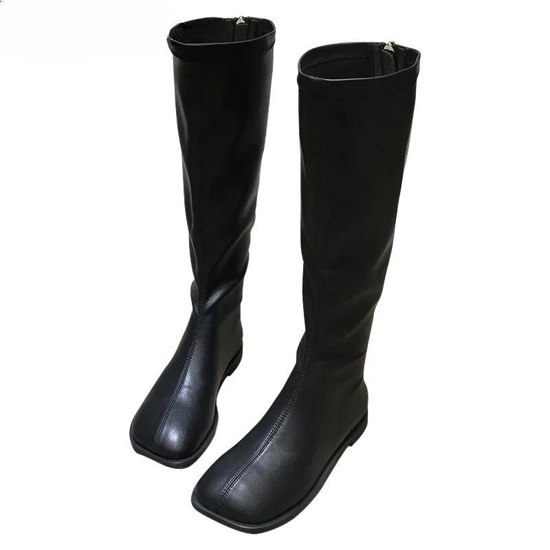 Fashion Street Style Stretch Women Knee High Boots Fashion Elegant Square Toe Shoes Women's Modern Flats Long Booties