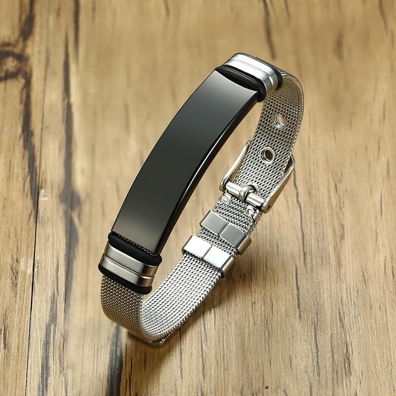 Vnox Mens Stainless Steel Custom Engrave ID Tag Bracelets Dad Gift Length Adjustable with Mesh Watch Band Jewelry Gift for Dad