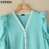VONDA Women Summer V Neck Puff Half Sleeve Ruffled Buttons Casual Blouse