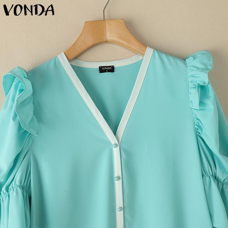 VONDA Women Summer V Neck Puff Half Sleeve Ruffled Buttons Casual Blouse