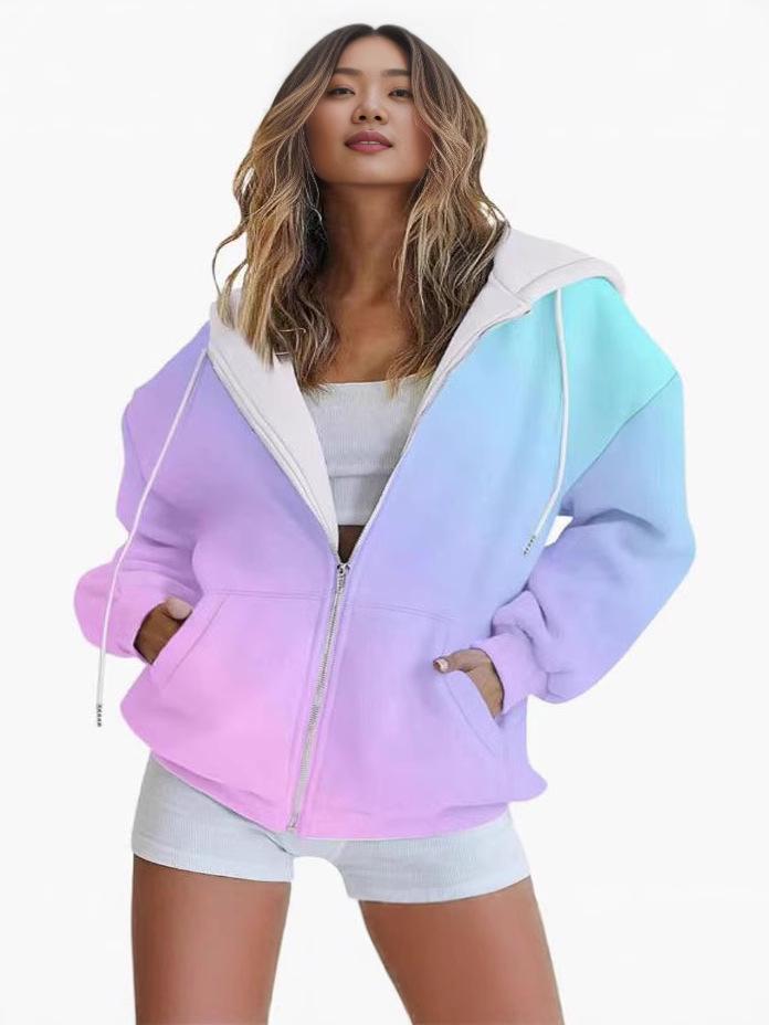 Gradient 3D Print Casual Long Sleeve Zip-Up Hoodie for Women