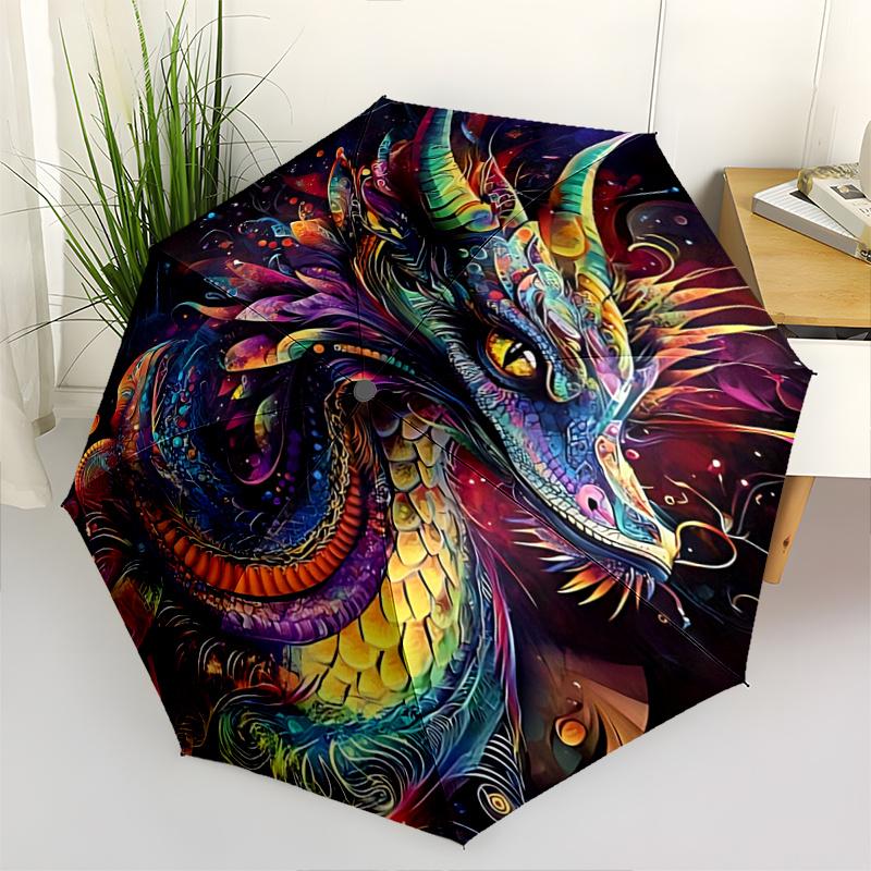 

1pc Colorful Dragon Print Automatic Opening Folding Umbrella with 8-Bone Iron Frame - Portable Design for Outdoor Use, Festive Gift, Travel, Dail