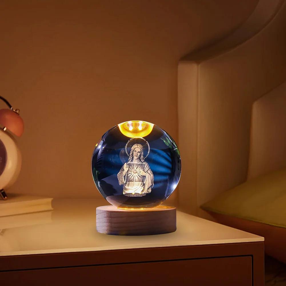 3D Small Glass Ball Decor with Wooden Base USB Charging LED Crystal Ball Night Light Lighted Crystal Ball for Art Decoration