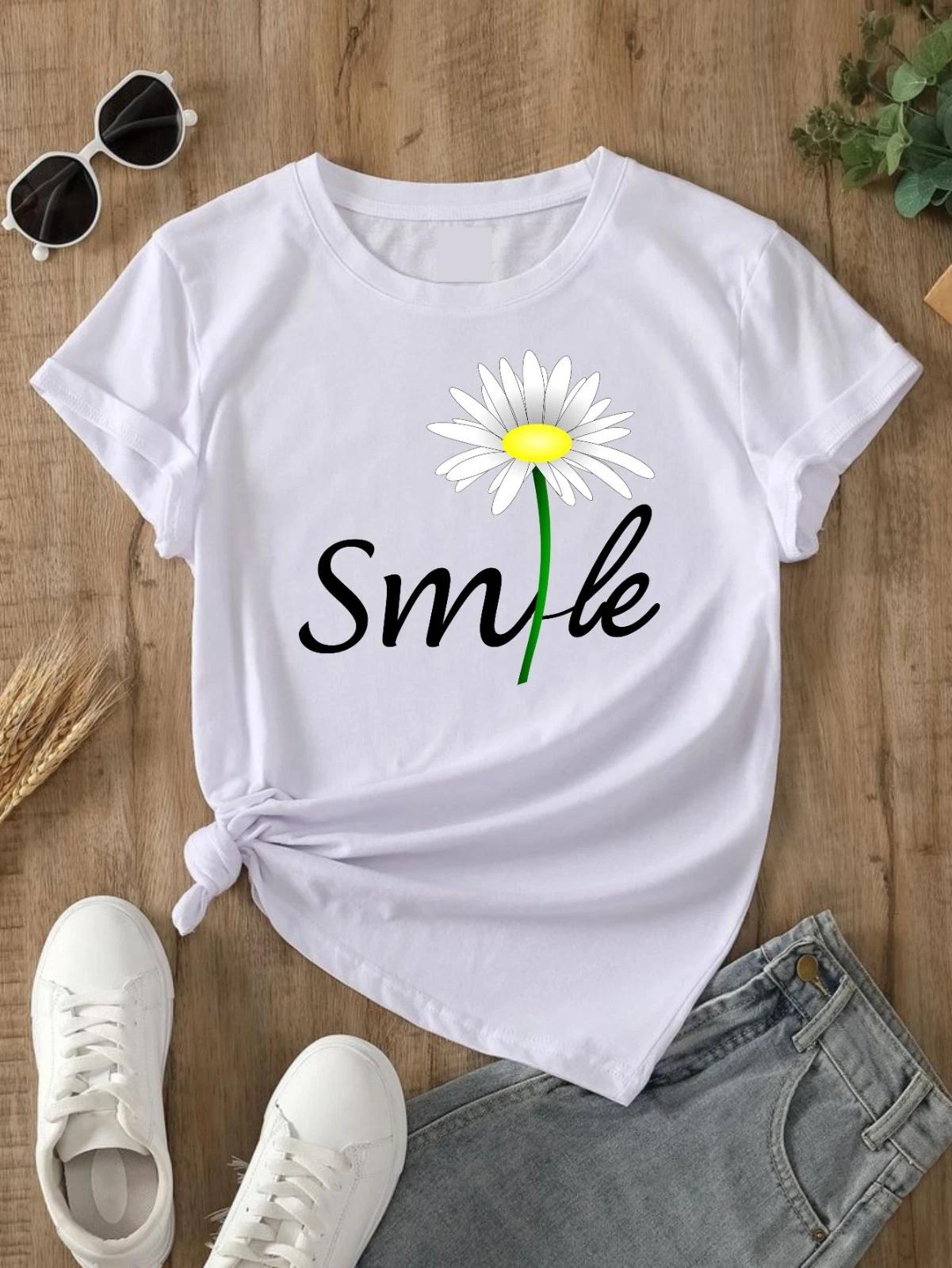 Smile Flower T- Shirt, Novelty Floral Daisy Flower Gifts Tee Women Top XL