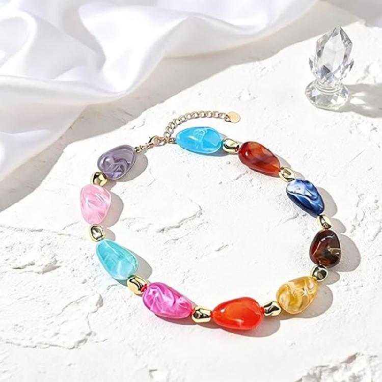 Trendy Resin Bead Chokers Necklace Elastic Cord Fit All Neck Size Great For Parties