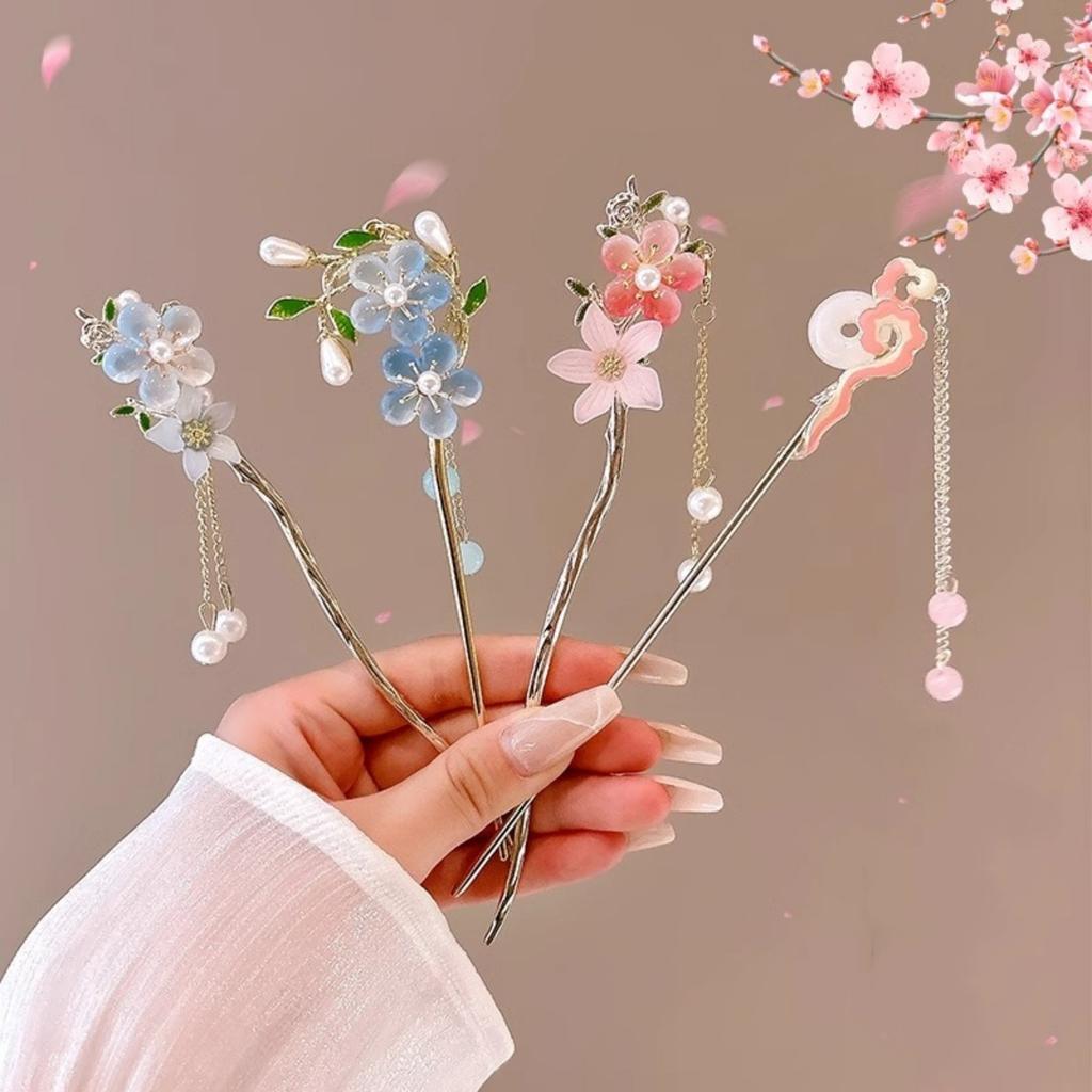 Sweety Romantic Hairpin For Women Vintage Chinese Style Flower Tassel Hair Stick Elegant Trendy Metal Jewelry Hair Accessories