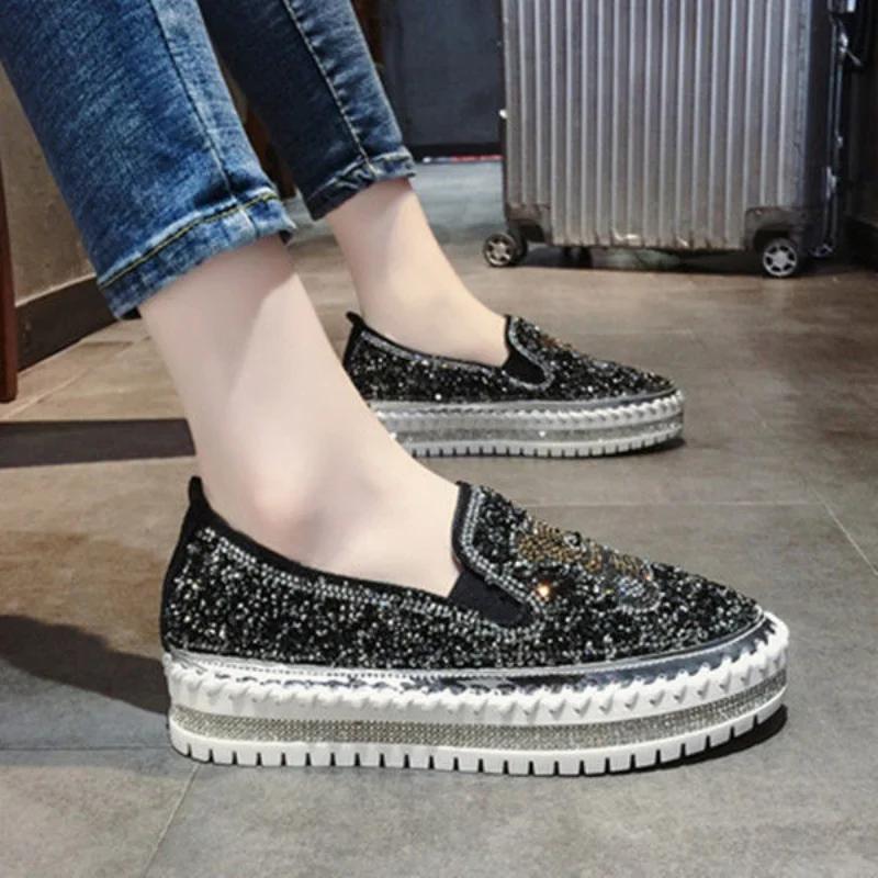 Fashion Diamond Rhinestone Loafers with Crystals Ladies Shoes High On Platform Low Slip Women Footwear Bow Canvas 39 Cotton Trends 2024