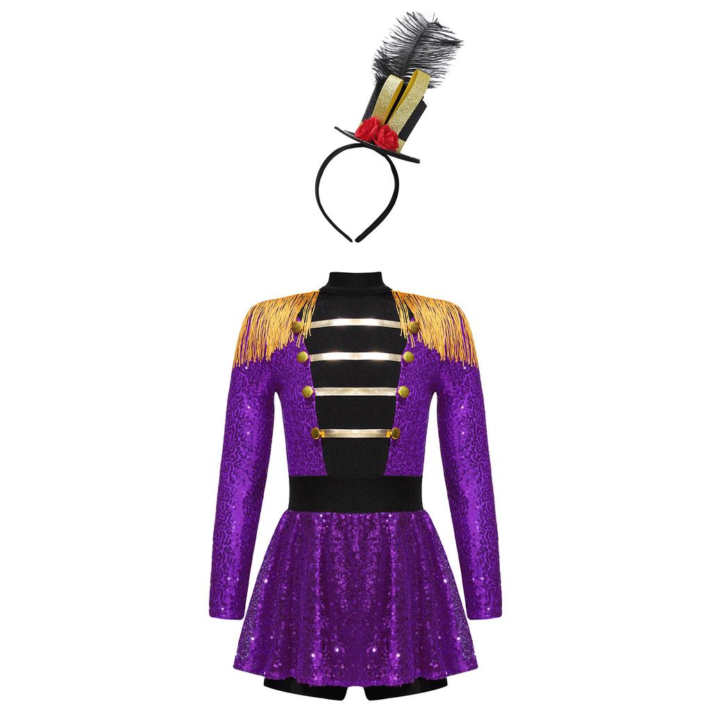 Kids Ringmaster Halloween Costume Set: Sparkling Sequin Bodysuit, Mini Top Hat & Feather Headband for Easy Dress Up & Role Play