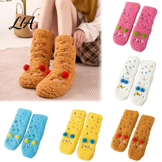 Cozy Cartoon Pattern Socks Thickened Floor for Women, Non-Slip Mid-Calf Socks, Thermal Winter Comfortable Elastic Ribbed Slippers Soft Fuzzy