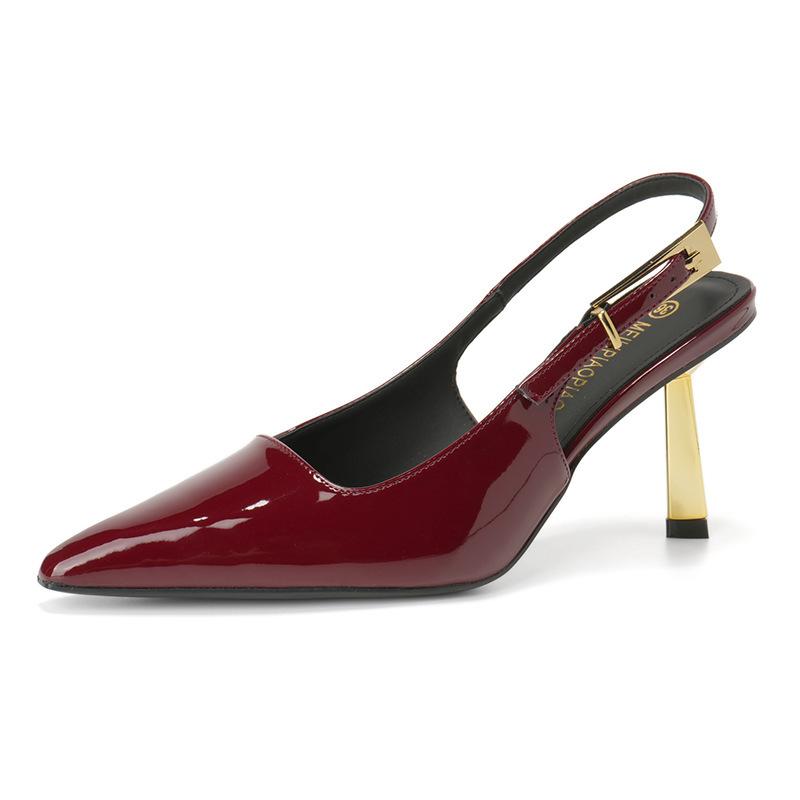 

Sheepskin version~ patent leather high heels women s 2025 new sexy gold heel strap sandals pointed stiletto single shoes 40