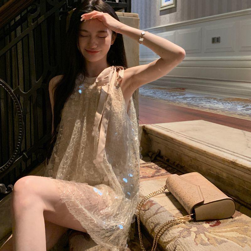 

Пляжный отпуск Платье с пайетками на бретелях Женский летний дизайн Юбка на бретелях Высококлассная осенняя нижняя юбка L абрикосовый