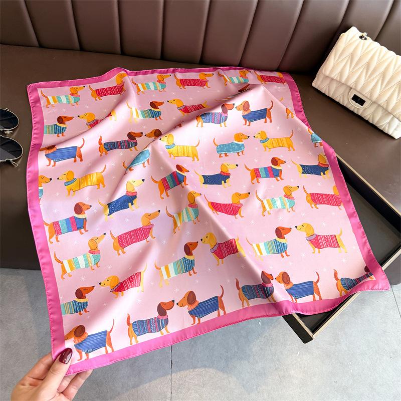 Cute Dog Print Square Silk Scarf for Women Hijab Hair Bands Neckerchief Female Satin Shawl Ribbon Headband Fashion Wraps Bandana