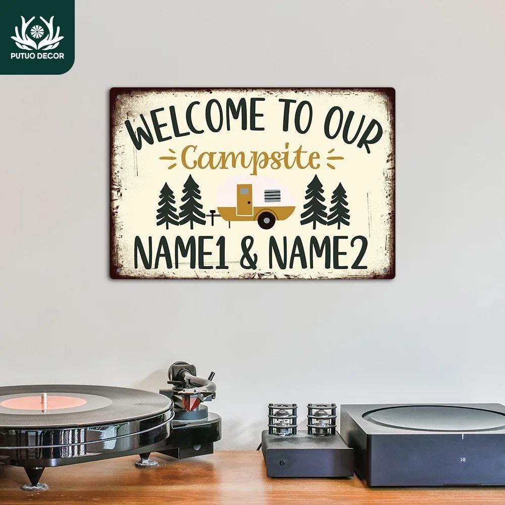 Personalized Campsite Welcome 2D Flat Metal Tin Sign Custom Text Date Available Rustic Wall Decor Gift for Wedding Anniversary