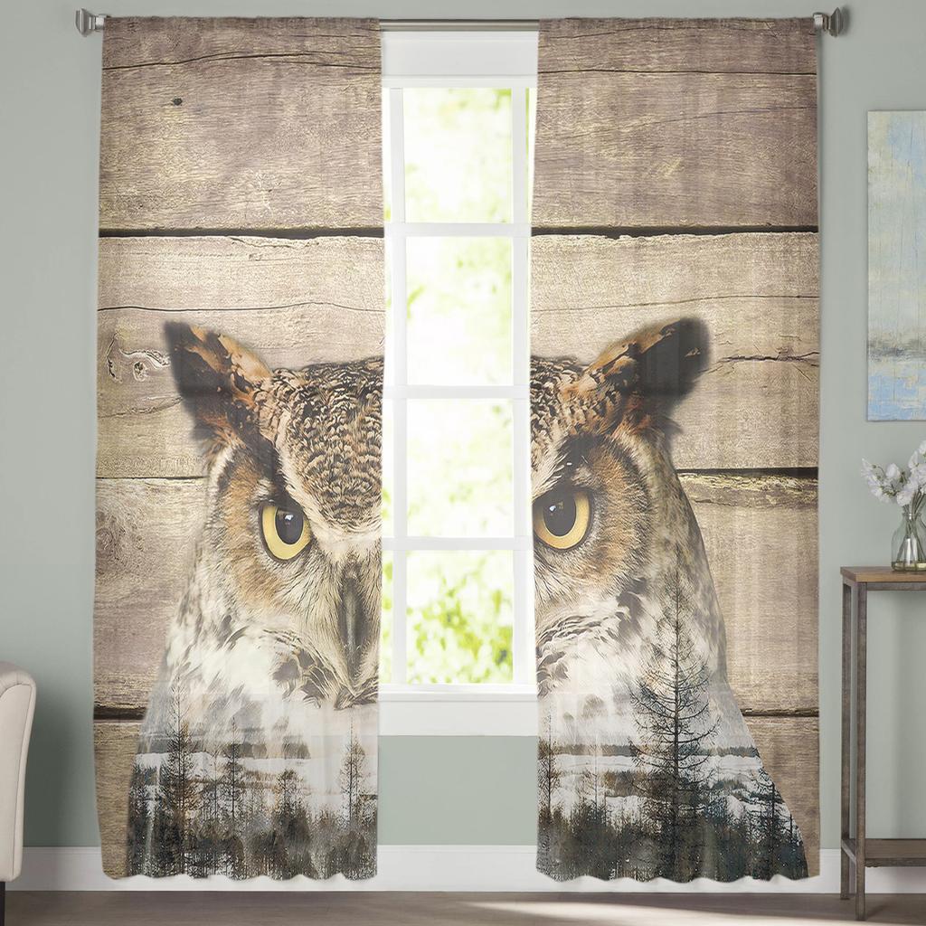 Antique Wood Owl Forest Curtain For Living Room Transparent Tulle Curtains Window Sheer For The Bedroom Accessories Decor