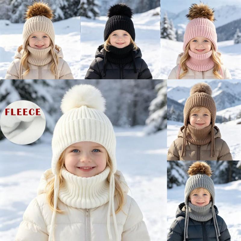 Kids Warm Knitted Hat With Faux Raccoon Fur Pom Matching Scarf Set Winter Cap Boys Girls