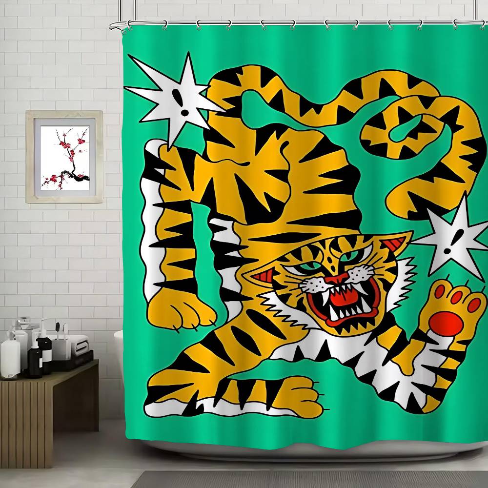 Vintage Abstract Animals Print Waterproof Polyester Shower Curtain Waterproof Bathroom Curtain Liners 90x180cm With 12 Hooks