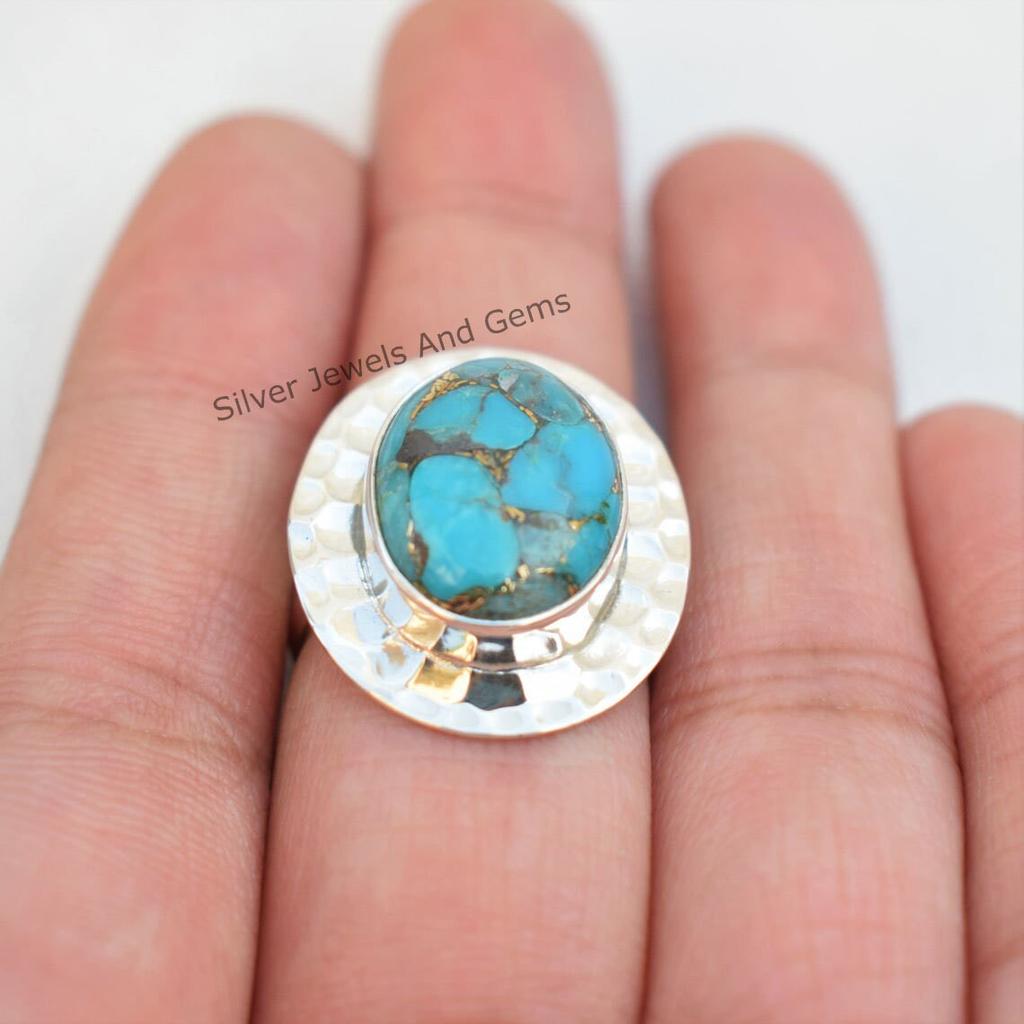 Blue Copper Turquoise Ring, Hammered Design Ring, Turquoise Ring, 925 Sterling Silver Oval Ring, December Birthstone, Gift for Sister