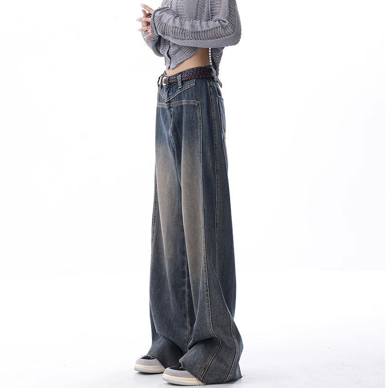 Vintage Blue Jeans Women's New Wash Nostalgic Raw Edge Design Drape Wide-leg Trousers Pants