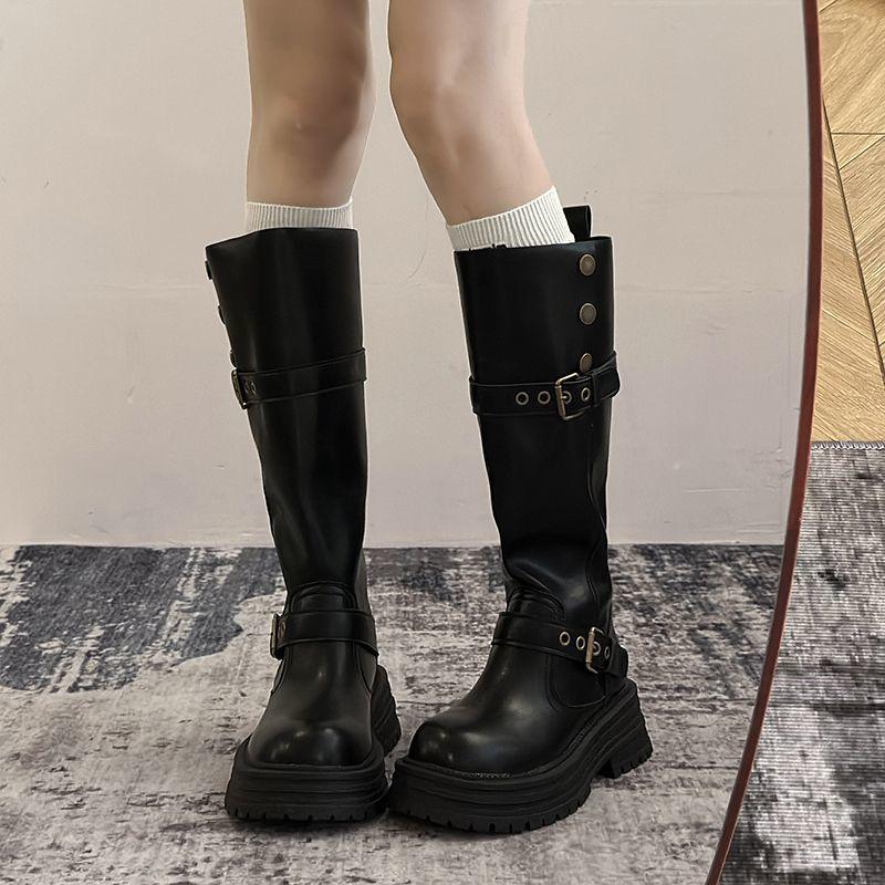 Fashion but knee boots autumn new thick-soled versatile height increase and thin lapel knight boots children
